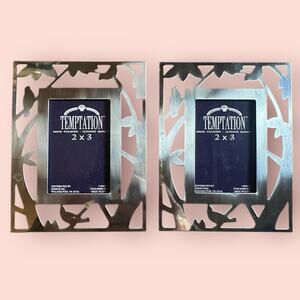 Vtg Ornate Silver Polished Art Picture Frames Easel 2x3 Set Bird Nature Trees